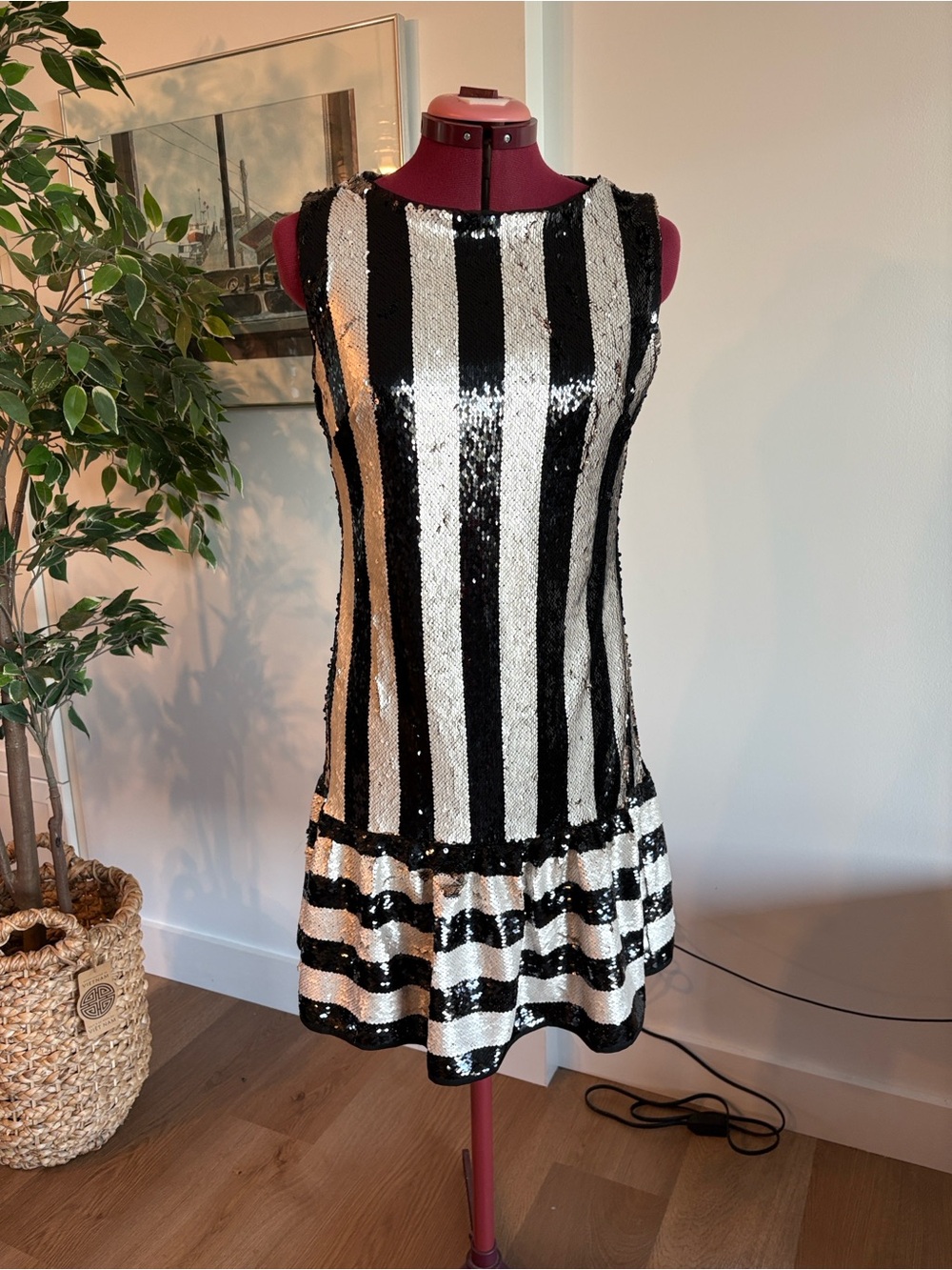 Betsey Johnson Black & Silver Striped Sequin Mini Dress